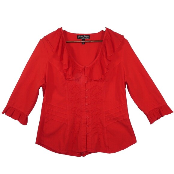 Gretty Zueger Red Ruffle Collar Button Down Shirt 100% Cotton Top Boho Size XL - Picture 2 of 9
